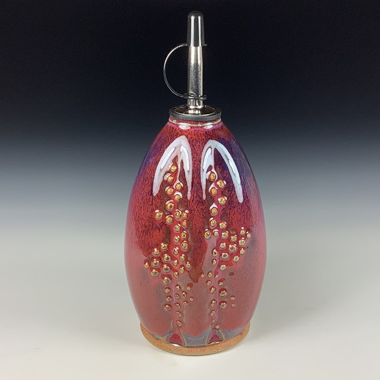 Ceramic olive oil dispenser oil bottle oil cruet handmade stoneware pottery dinnerware kitchenware - Purple red slip dotted - item 3754