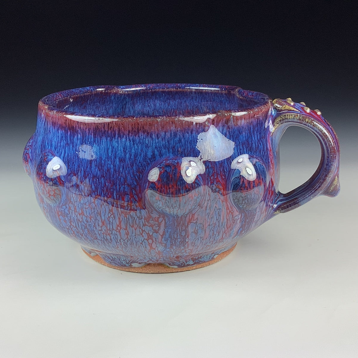 Handmade Ceramic Pottery Bowl with Handle, Red Purple Bump Glaze