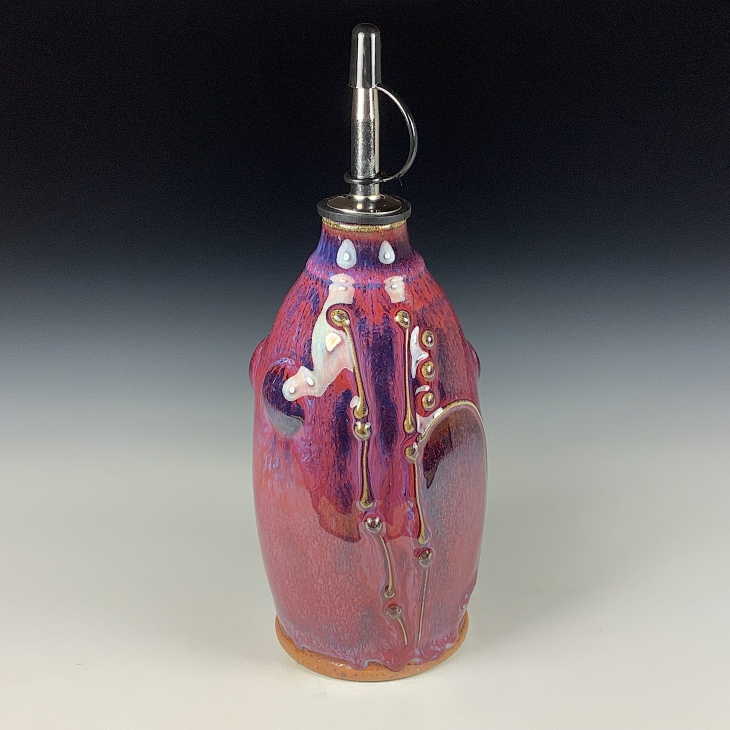 Ceramic olive oil dispenser oil bottle oil cruet handmade stoneware pottery dinnerware kitchenware - Purple red bamboo slip trail bump - item 3755