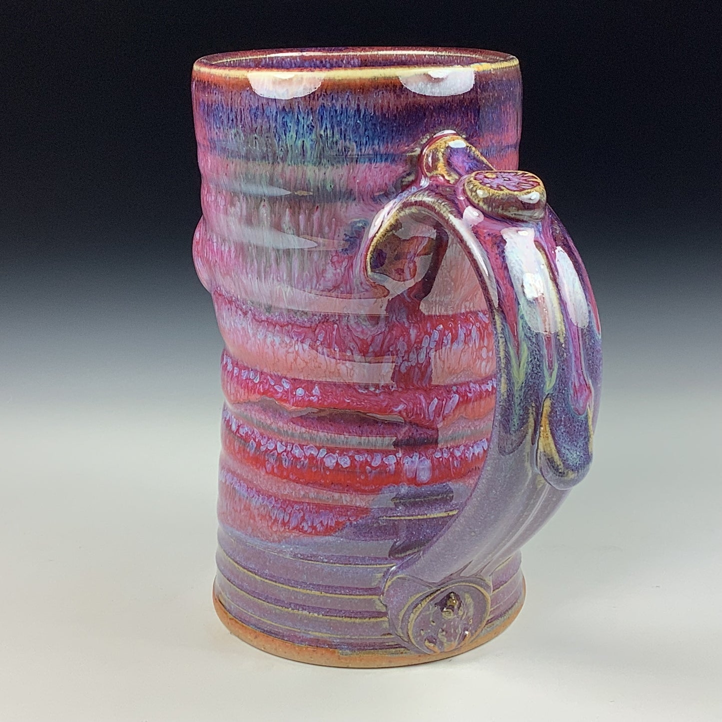Handmade ceramic mugs stoneware coffee mugs pottery tea mugs stoneware drinkware - purple red slip dotted wiggle bump mug 3797