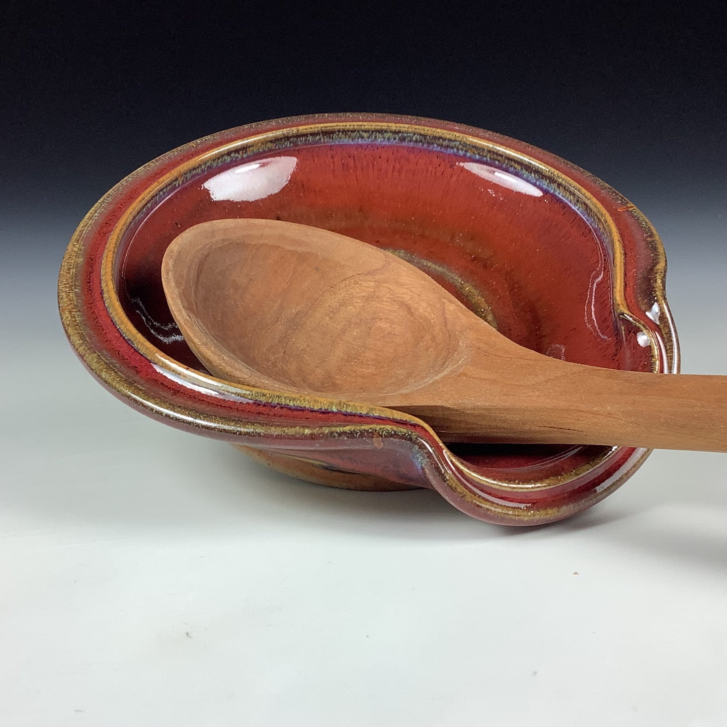Handmade Ceramic Spoon Rest: Red Glaze, Spiral