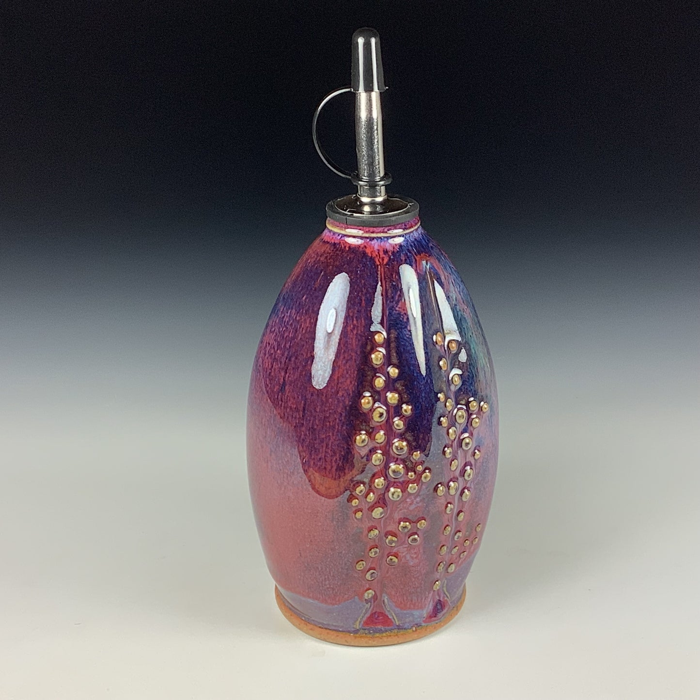 Ceramic olive oil dispenser oil bottle oil cruet handmade stoneware pottery dinnerware kitchenware - Purple red slip dotted bump - item 3742