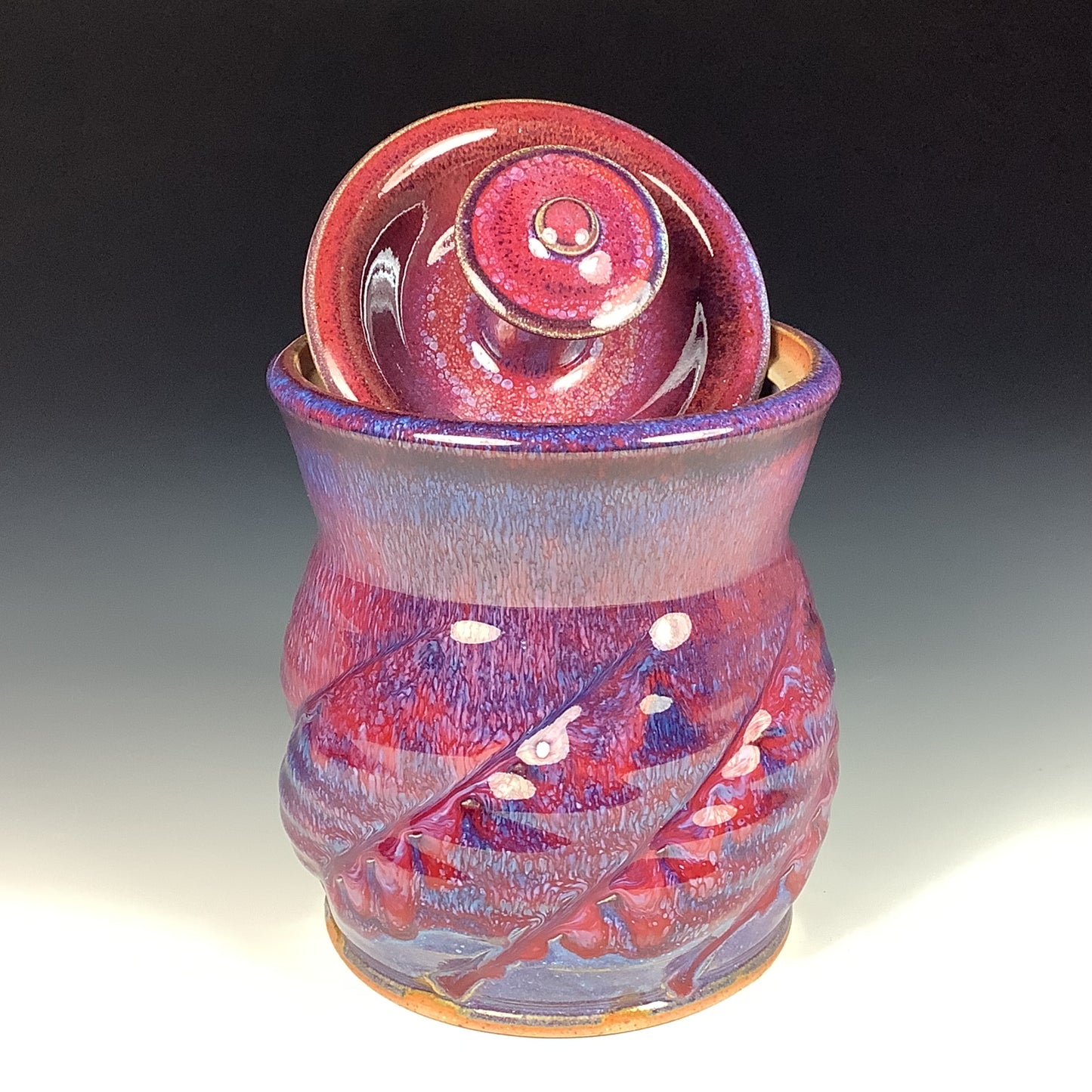 Handmade stoneware art ceramic pottery sugar jar - red purple twist item 3887