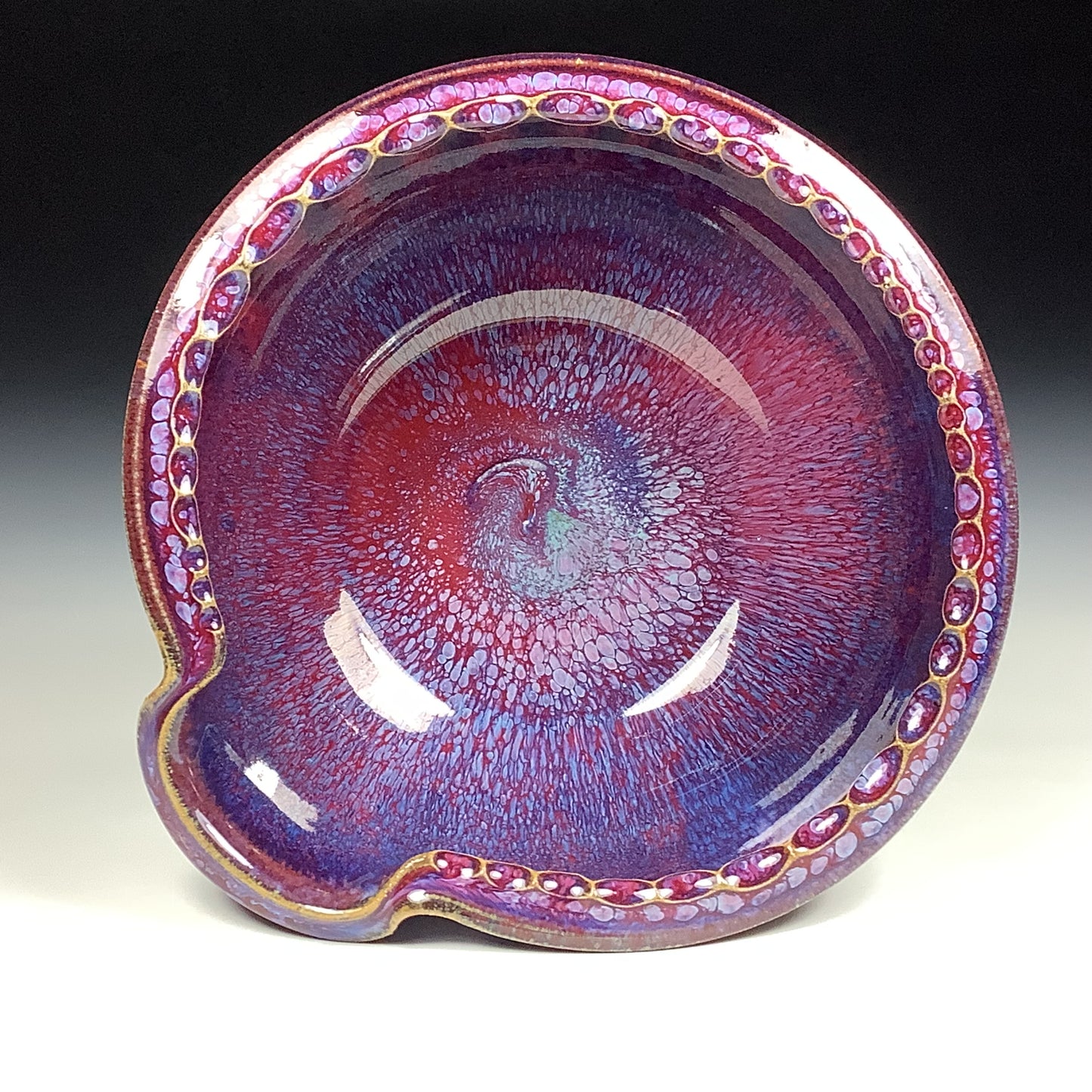 Handmade ceramic deep spoon rest stoneware pottery kitchenware - Deep red dotted rim item 3875