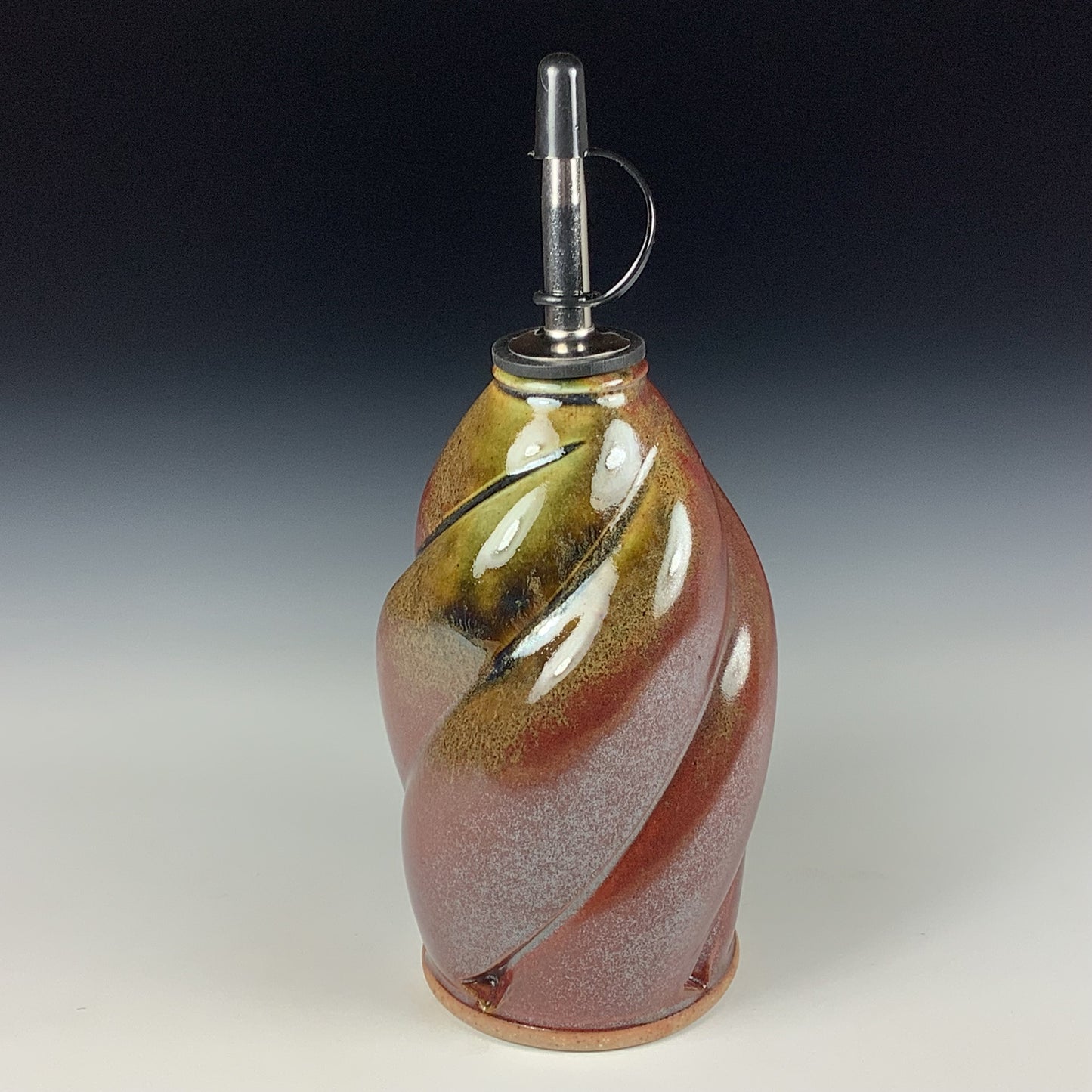 Ceramic olive oil dispenser oil bottle oil cruet handmade stoneware pottery dinnerware kitchenware - Iron red with white ash twisty- item 3748