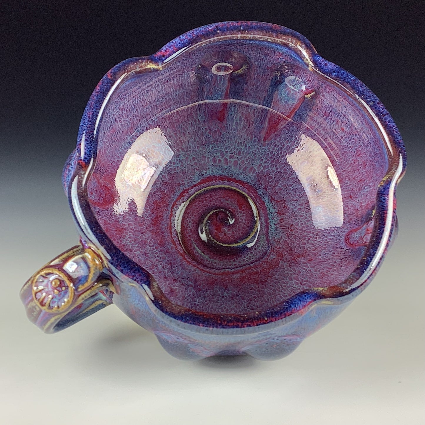 Handmade Ceramic Pottery Bowl with Handle, Red Purple Bump Glaze