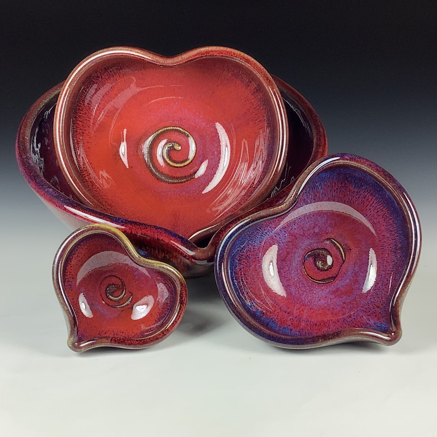 Handmade Ceramic Heart-Shaped Nesting Bowl Set of 4, Red Purple Glaze - Item 4017