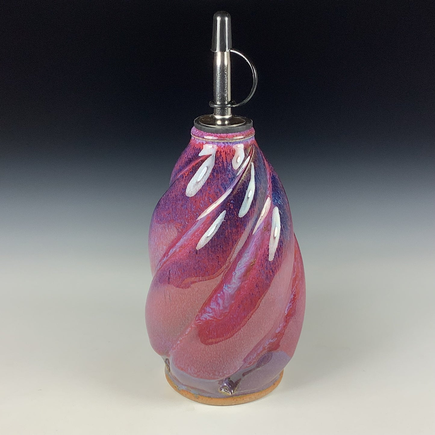 Ceramic olive oil dispenser oil bottle oil cruet handmade stoneware pottery dinnerware kitchenware - Purple red twisty- item 3741