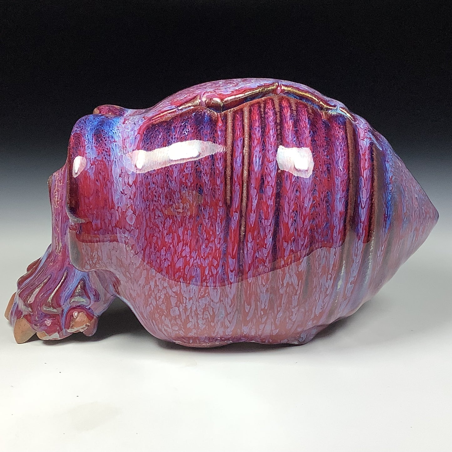 Handmade stoneware art abstract ceramic sculptures pottery decoration skull - Purple red wheel thrown enclosed form altered skull sculpture - item 3827