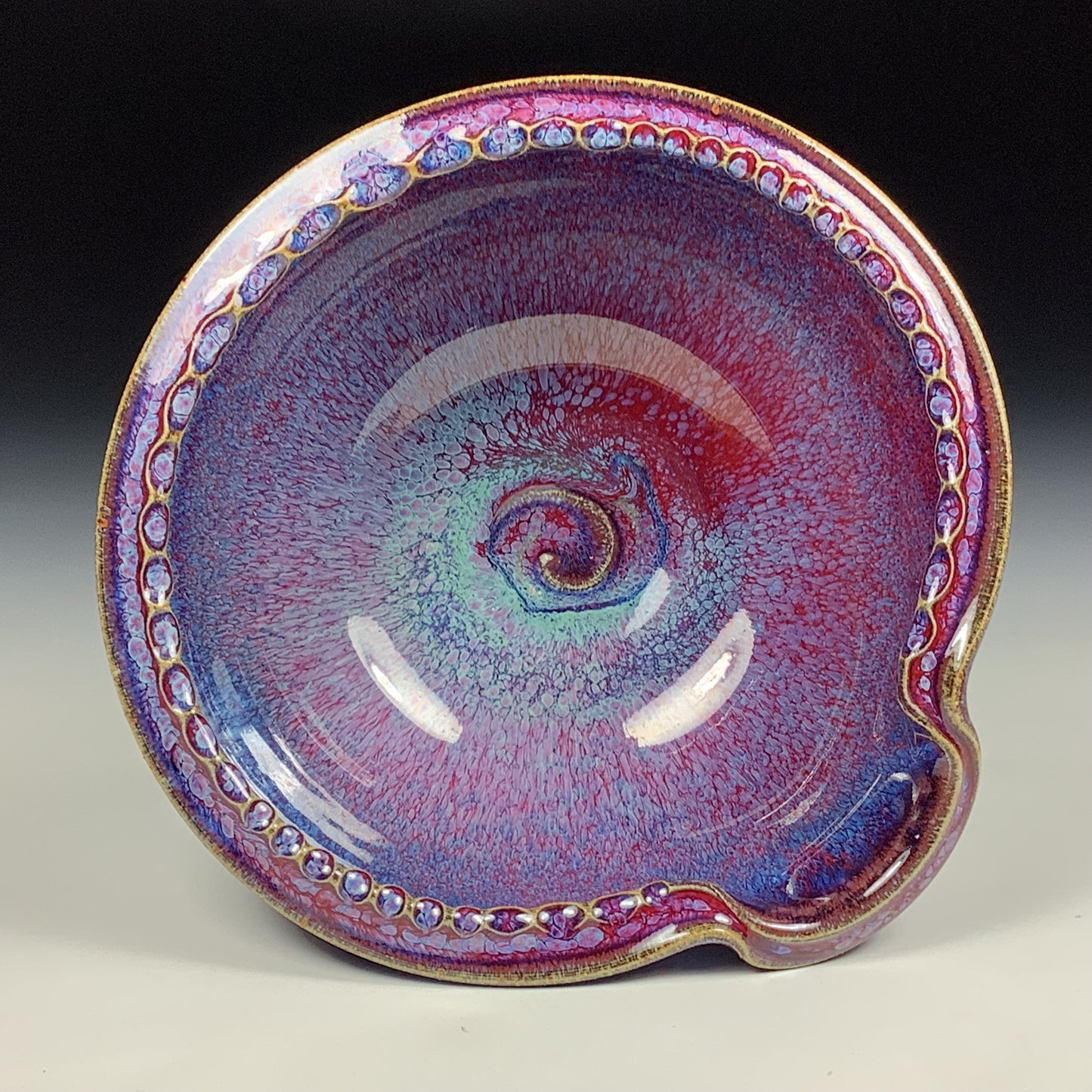 Handmade ceramic deep spoon rest stoneware pottery kitchenware - Purple red dotted rim item 3871