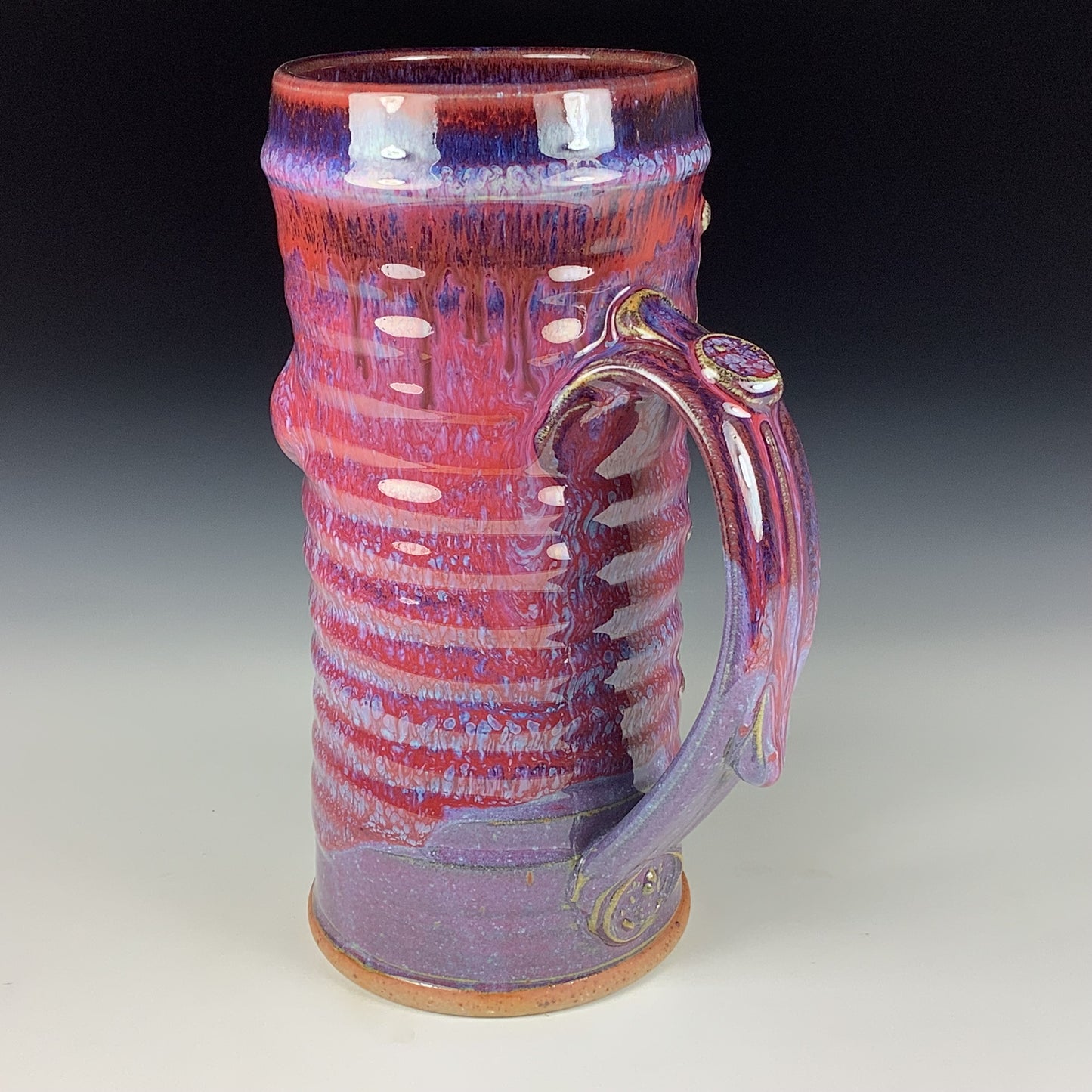 Large handmade pottery mugs rustic ceramic mugs extra large stoneware mugs oversized coffee mugs tea cup - Purple red wiggle bamboo slip trail bump - item 3715