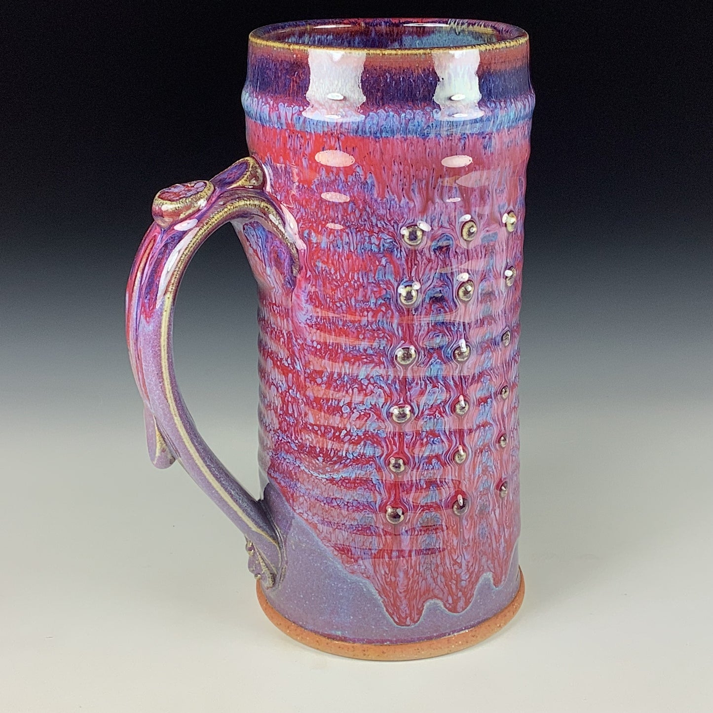 Large handmade pottery mugs rustic ceramic mugs extra large stoneware mugs oversized coffee mugs tea cup - Purple red wiggle slip-dotted bump - item 3725