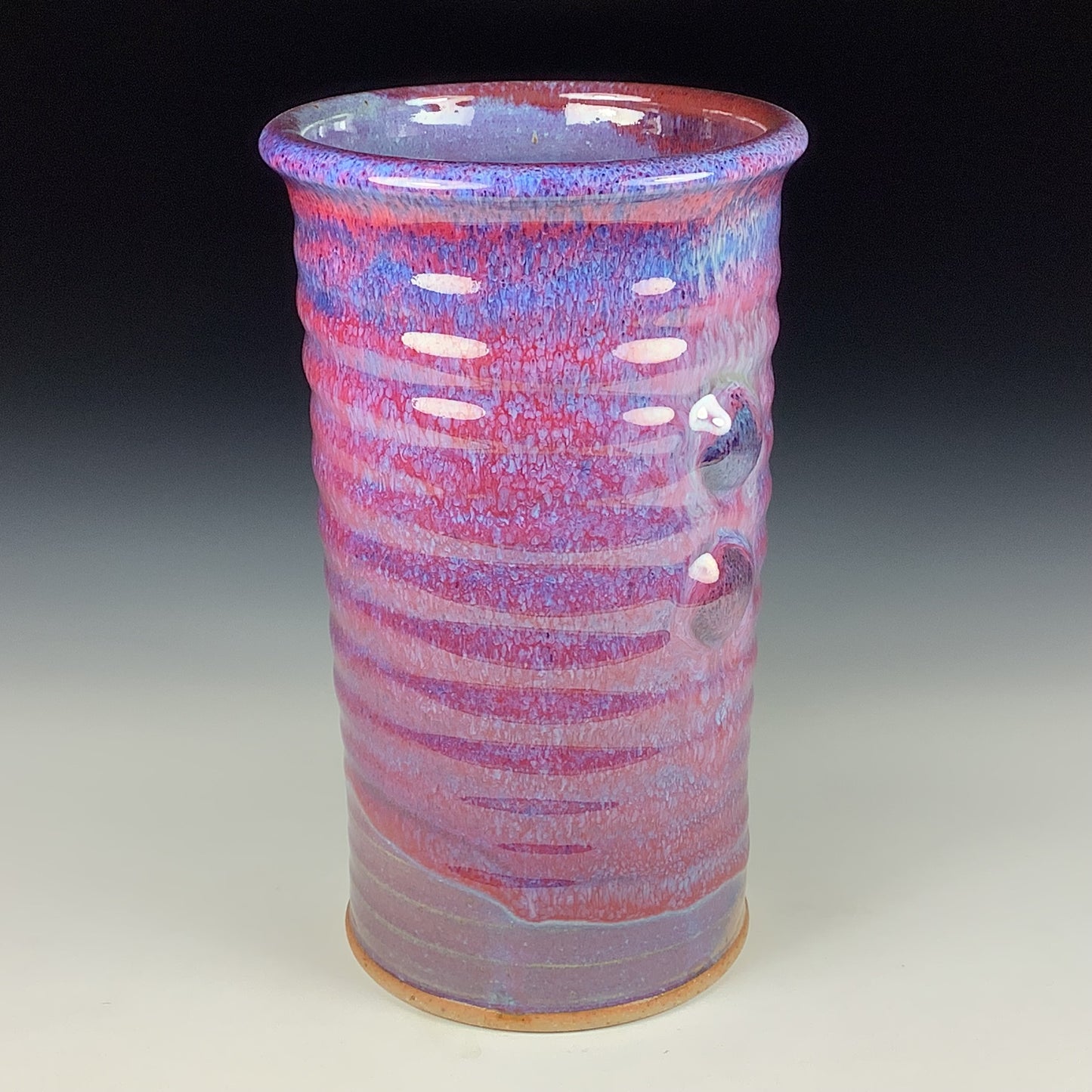 Handmade Stoneware Utensil Holder: Red Glaze Wiggle Bump Pottery Vase - item 3809