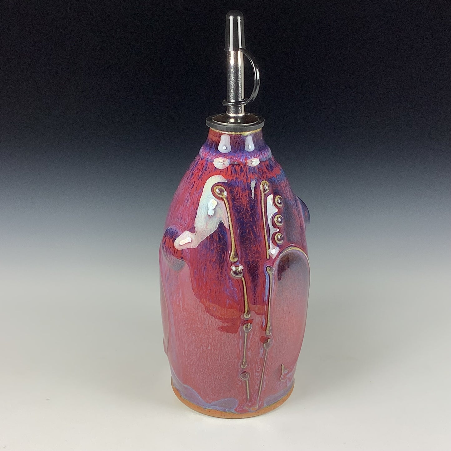Ceramic olive oil dispenser oil bottle oil cruet handmade stoneware pottery dinnerware kitchenware - Purple red bamboo slip trail bump - item 3745