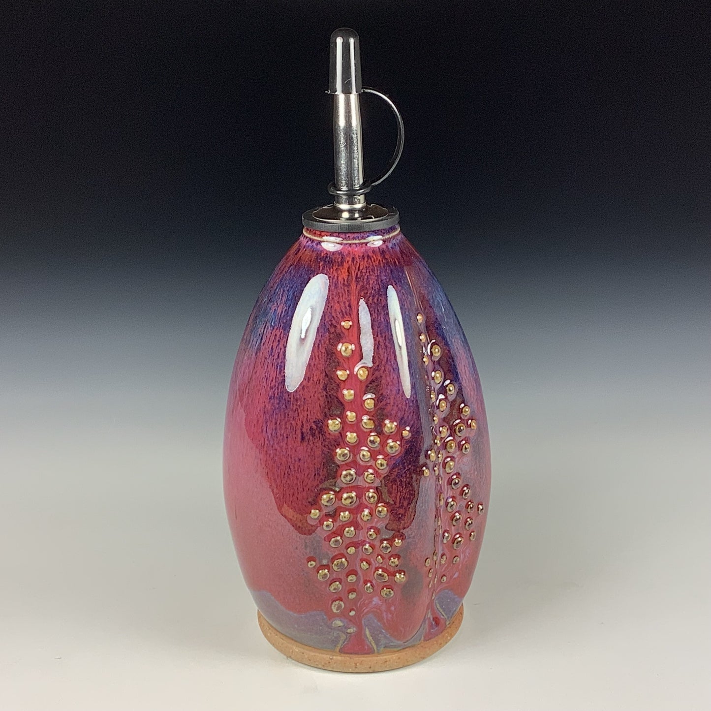 Ceramic olive oil dispenser oil bottle oil cruet handmade stoneware pottery dinnerware kitchenware - Purple red slip dotted - item 3754