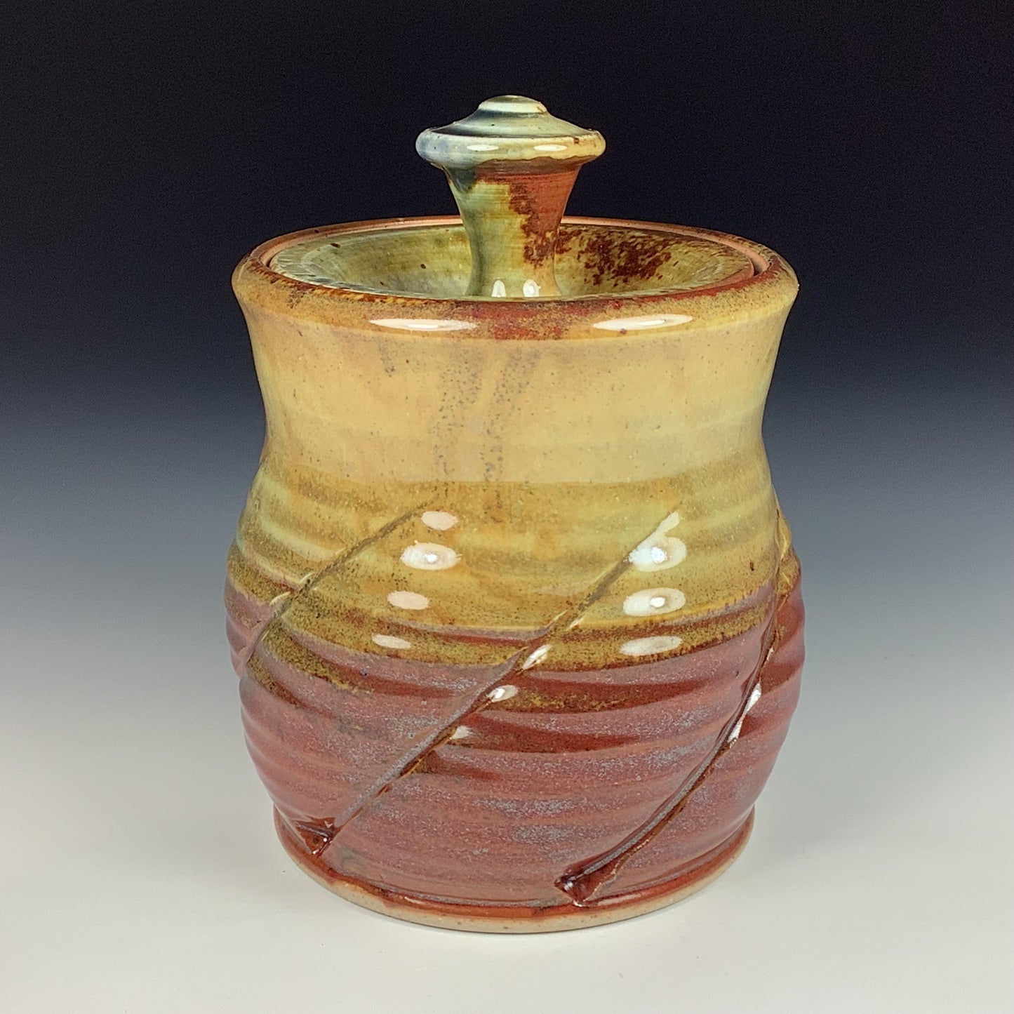 Handmade stoneware art ceramic pottery sugar jar - iron red with white ash twist item 3888