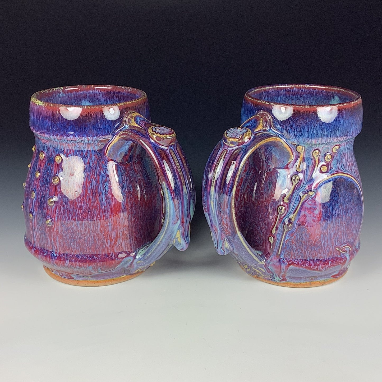 Handmade Ceramic Coffee Mug Set, Purple Red Glaze, Bamboo Slip-Dotted Stoneware, Set of Two - Item 3943