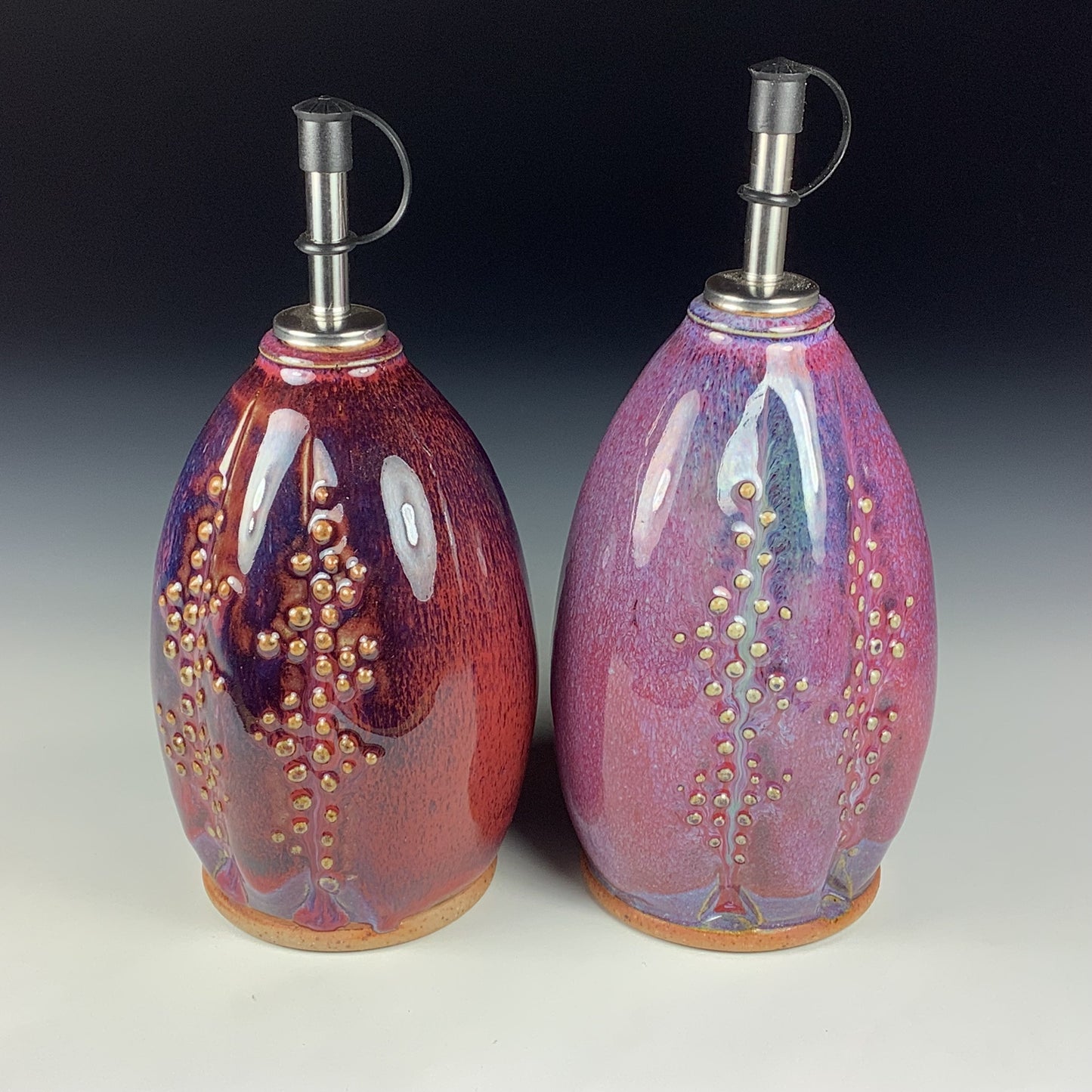 Handmade Ceramic Olive Oil Dispensers, Set of Two: Purple Red Slip Dotted Stoneware Cruet- Item 3948