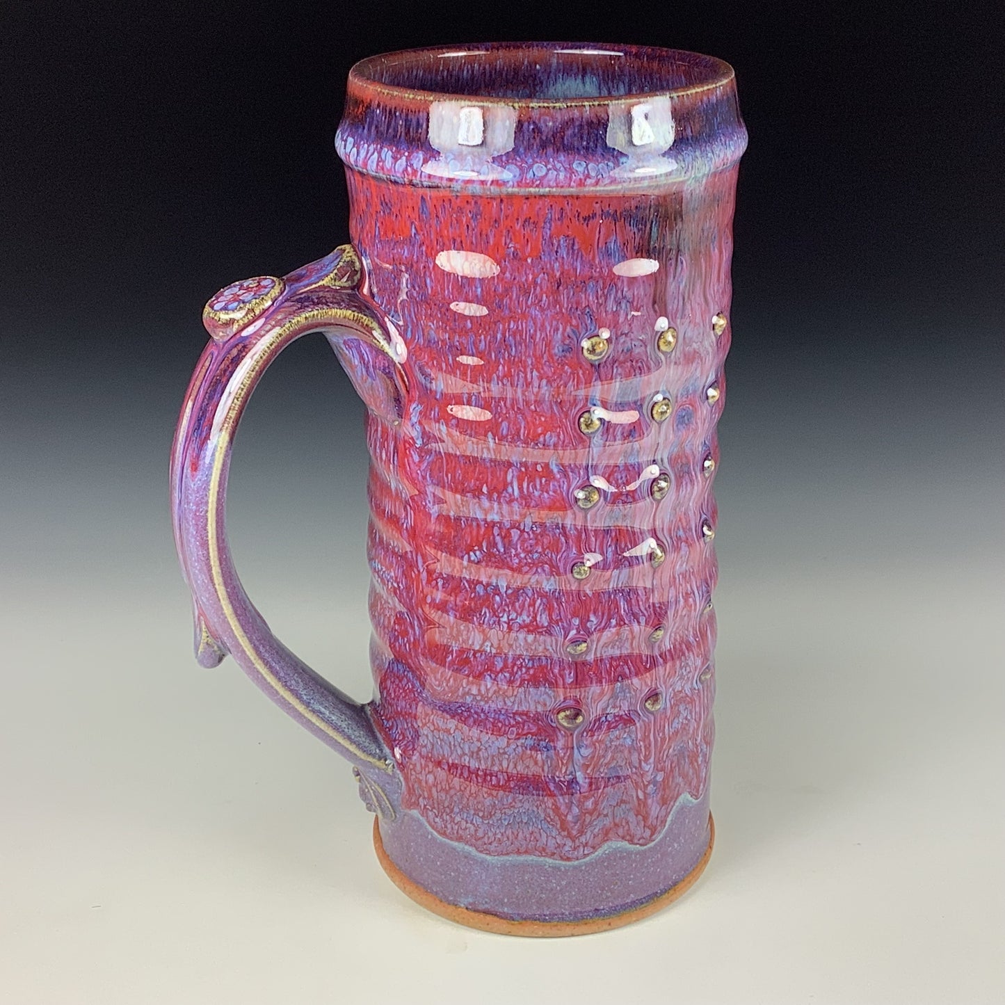 Large handmade pottery mugs rustic ceramic mugs extra large stoneware mugs oversized coffee mugs tea cup - Purple red wiggle slip-dotted bump - item 3721