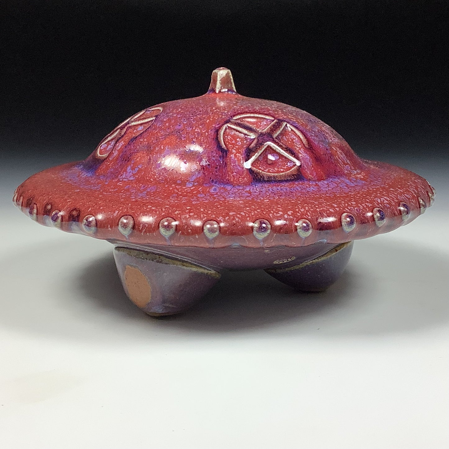Handmade stoneware art abstract ceramic sculptures pottery decoration UFO - Red wheel thrown enclosed form altered sculpture - item 3822