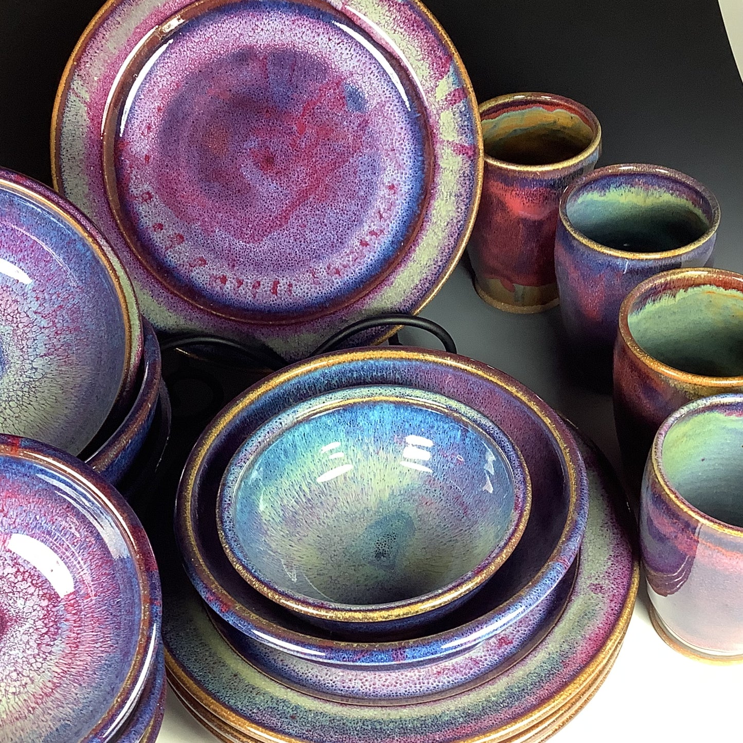 Handmade ceramic artisanal pottery dinnerware stoneware 4 plate setting - Purple item 3897