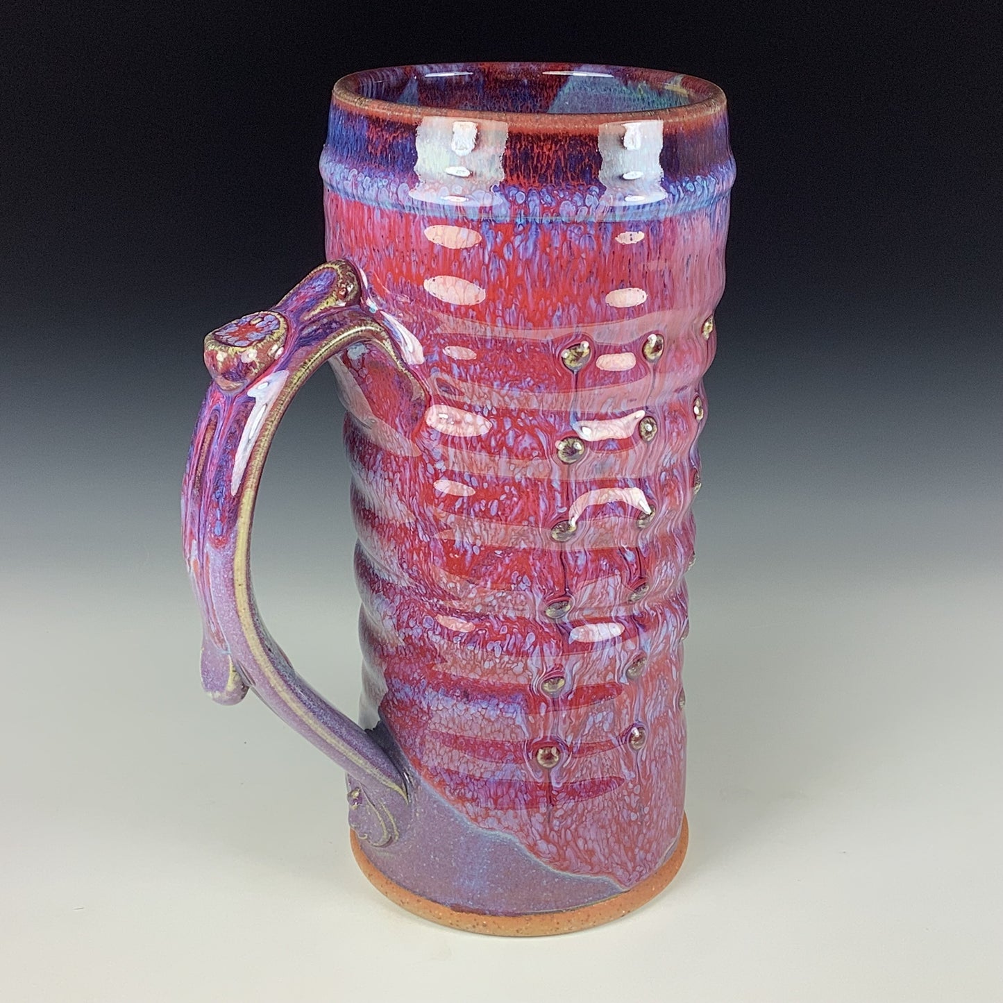 Large handmade pottery mugs rustic ceramic mugs extra large stoneware mugs oversized coffee mugs tea cup - Purple red wiggle slip-dotted bump - item 3723
