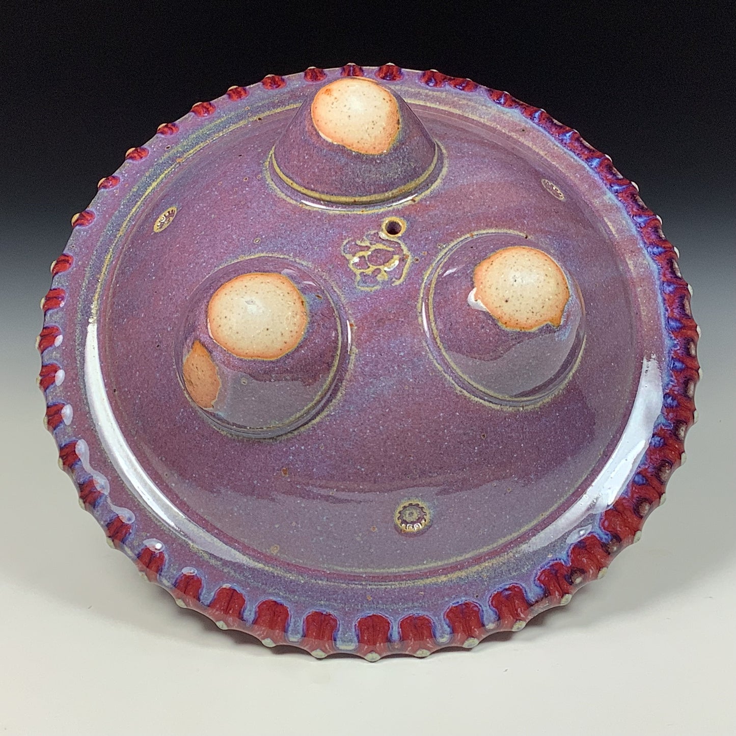 Handmade stoneware art abstract ceramic sculptures pottery decoration UFO - Red wheel thrown enclosed form altered sculpture - item 3820