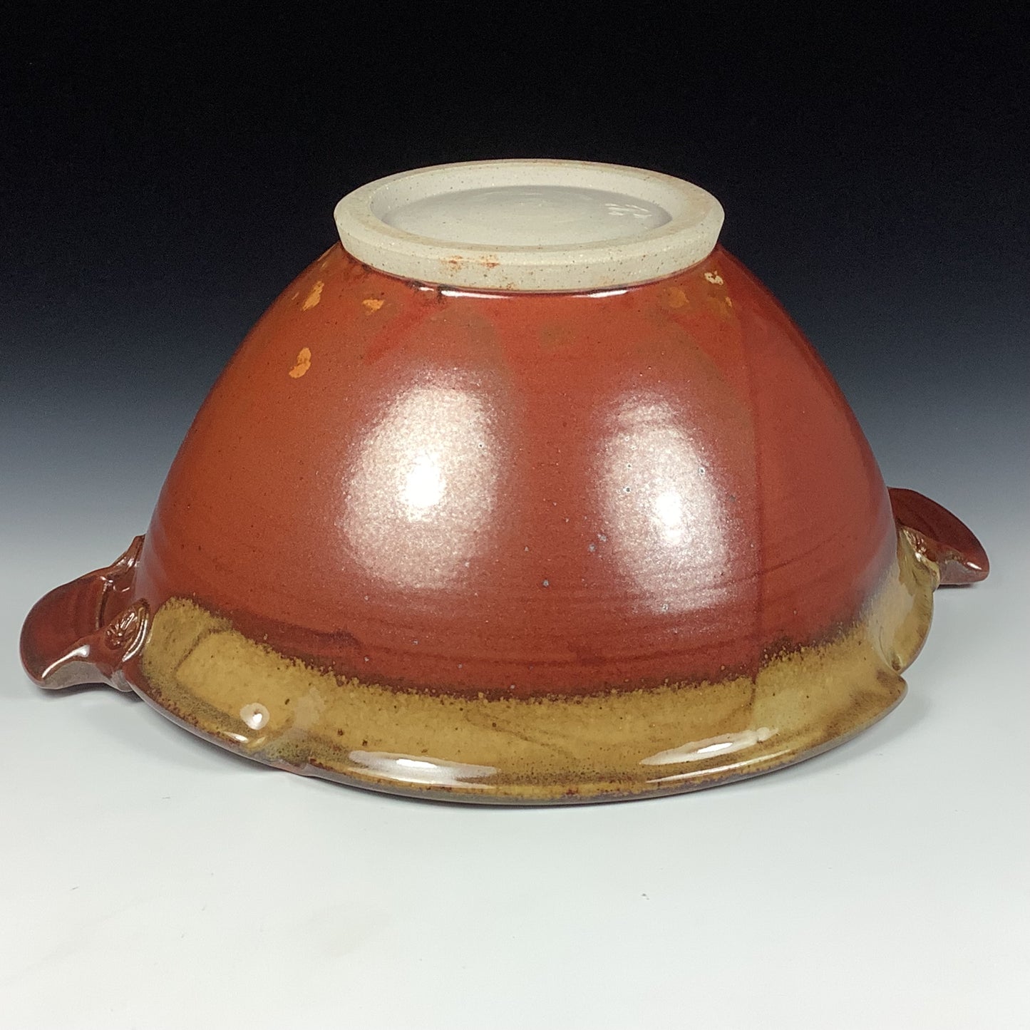 Handmade ceramic artisanal pottery bowls dinnerware stoneware serving bowls centerpiece - Large iron red with white ash twisted rim with handles 3682