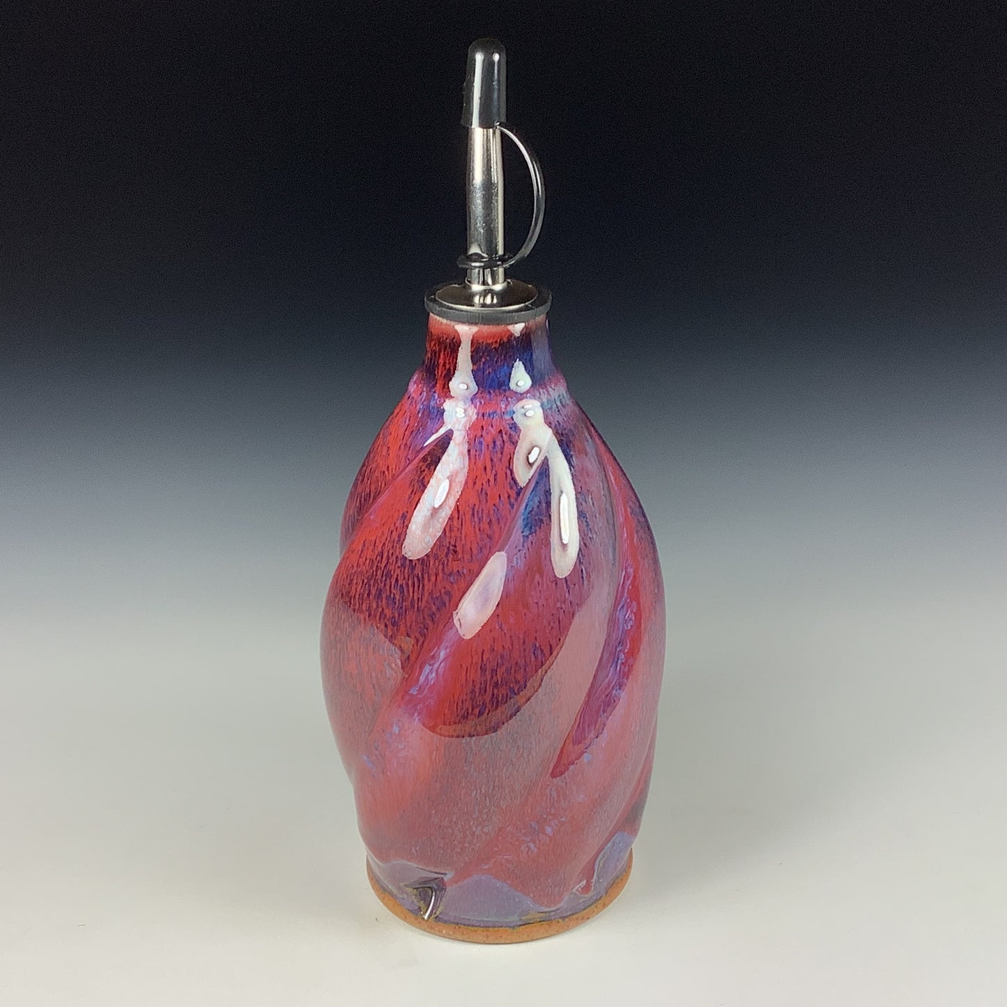 Ceramic olive oil dispenser oil bottle oil cruet handmade stoneware pottery dinnerware kitchenware - Purple red twisty- item 3747