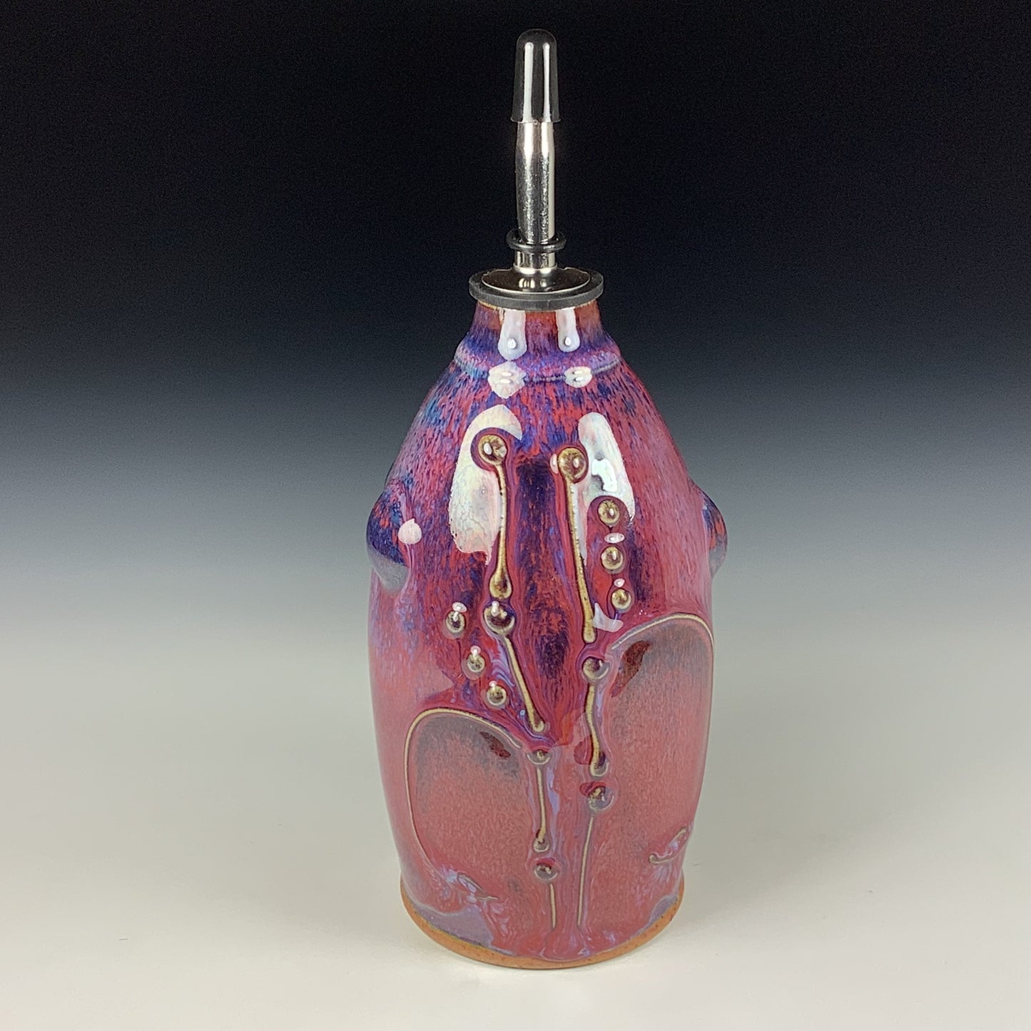 Ceramic olive oil dispenser oil bottle oil cruet handmade stoneware pottery dinnerware kitchenware - Purple red bamboo slip trail bump - item 3745