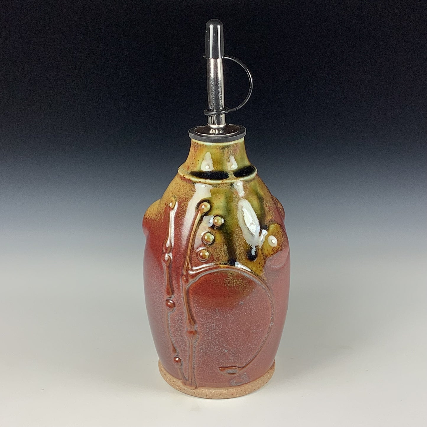 Ceramic olive oil dispenser oil bottle oil cruet handmade stoneware pottery dinnerware kitchenware - Iron red with white ash bamboo slip trail bump - item 3746