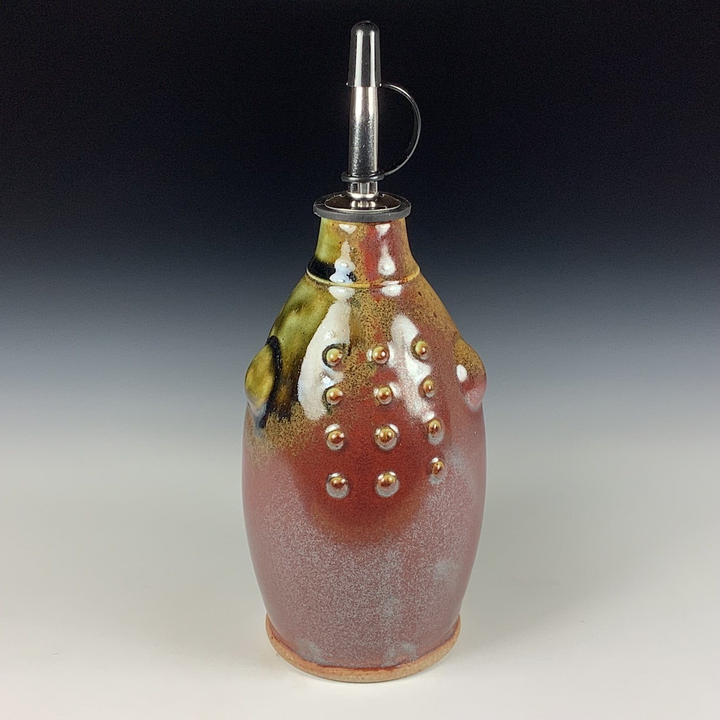 Ceramic olive oil dispenser oil bottle oil cruet handmade stoneware pottery dinnerware kitchenware - Iron red with white ash slip dotted bump - item 3753