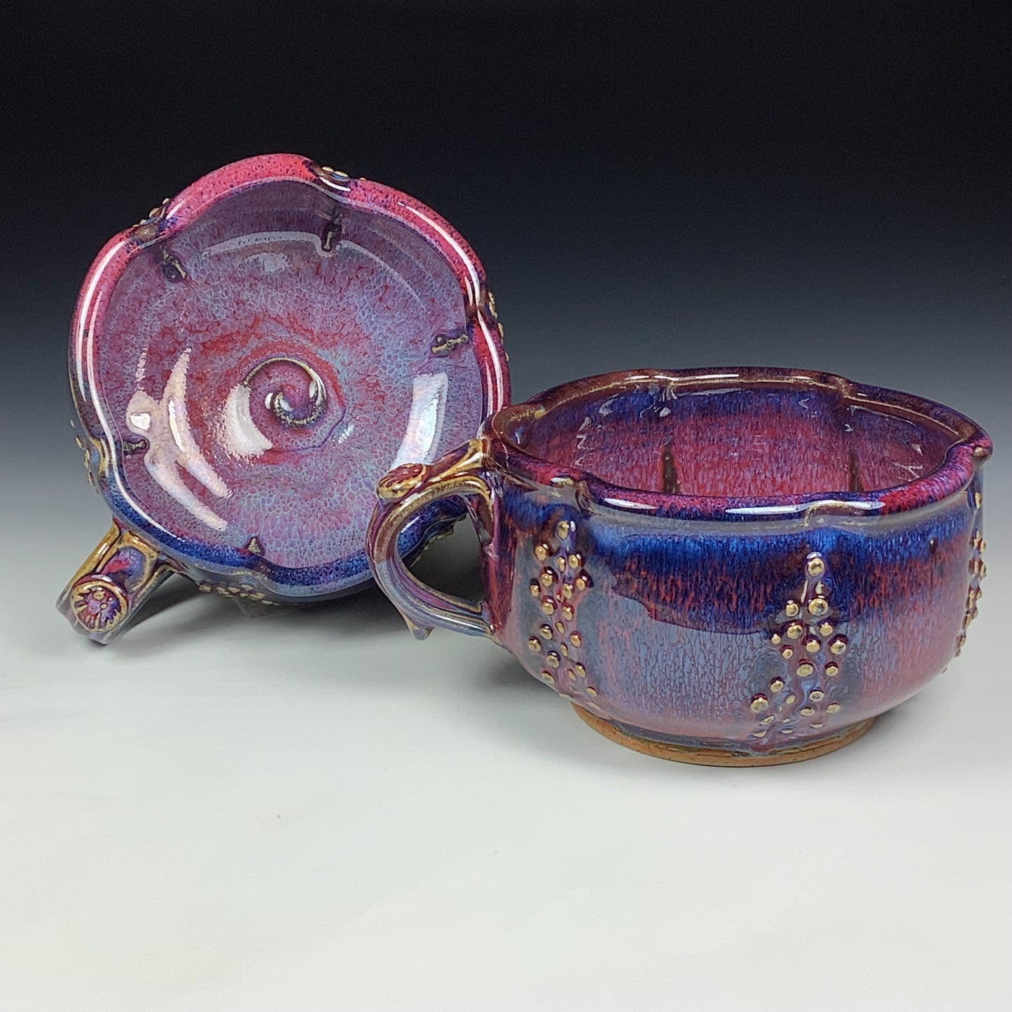 Handmade Ceramic Pottery Bowls with Handles, Set of Two, Slip Dotted Red Purple Glaze - Item 4006
