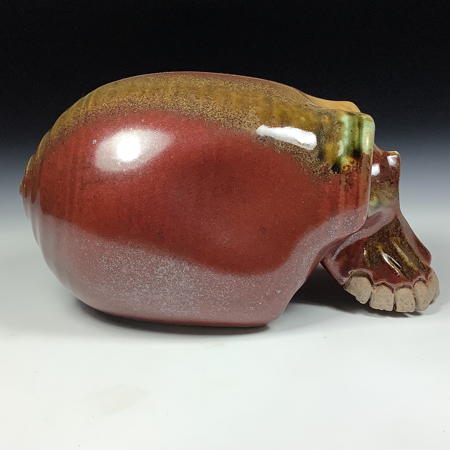 Handmade stoneware art abstract ceramic sculptures pottery decoration skull - Iron red with white ash wheel thrown enclosed form altered skull sculpture - item 3826