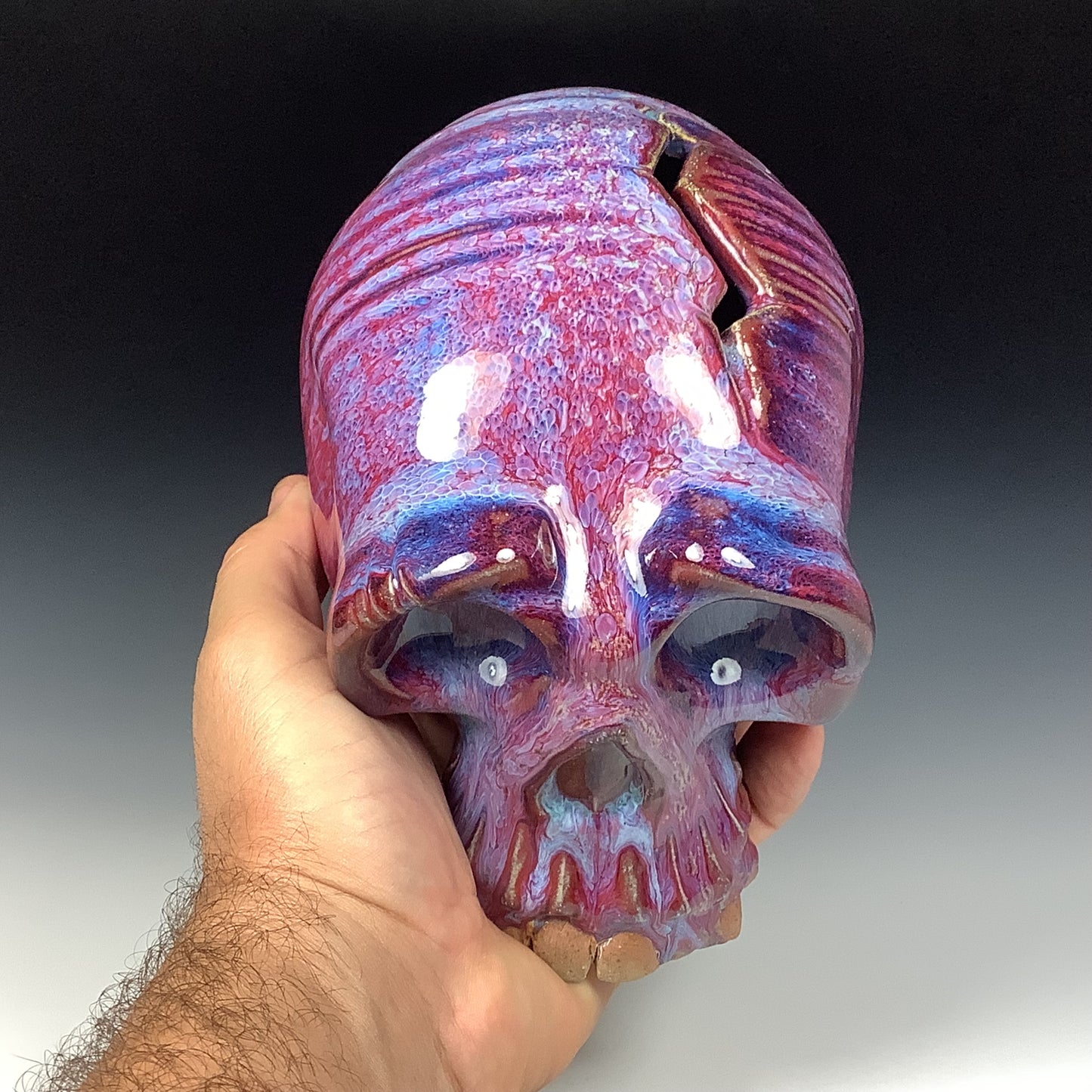 Handmade stoneware art abstract ceramic sculptures pottery decoration skull - Purple red wheel thrown enclosed form altered skull sculpture - item 3827
