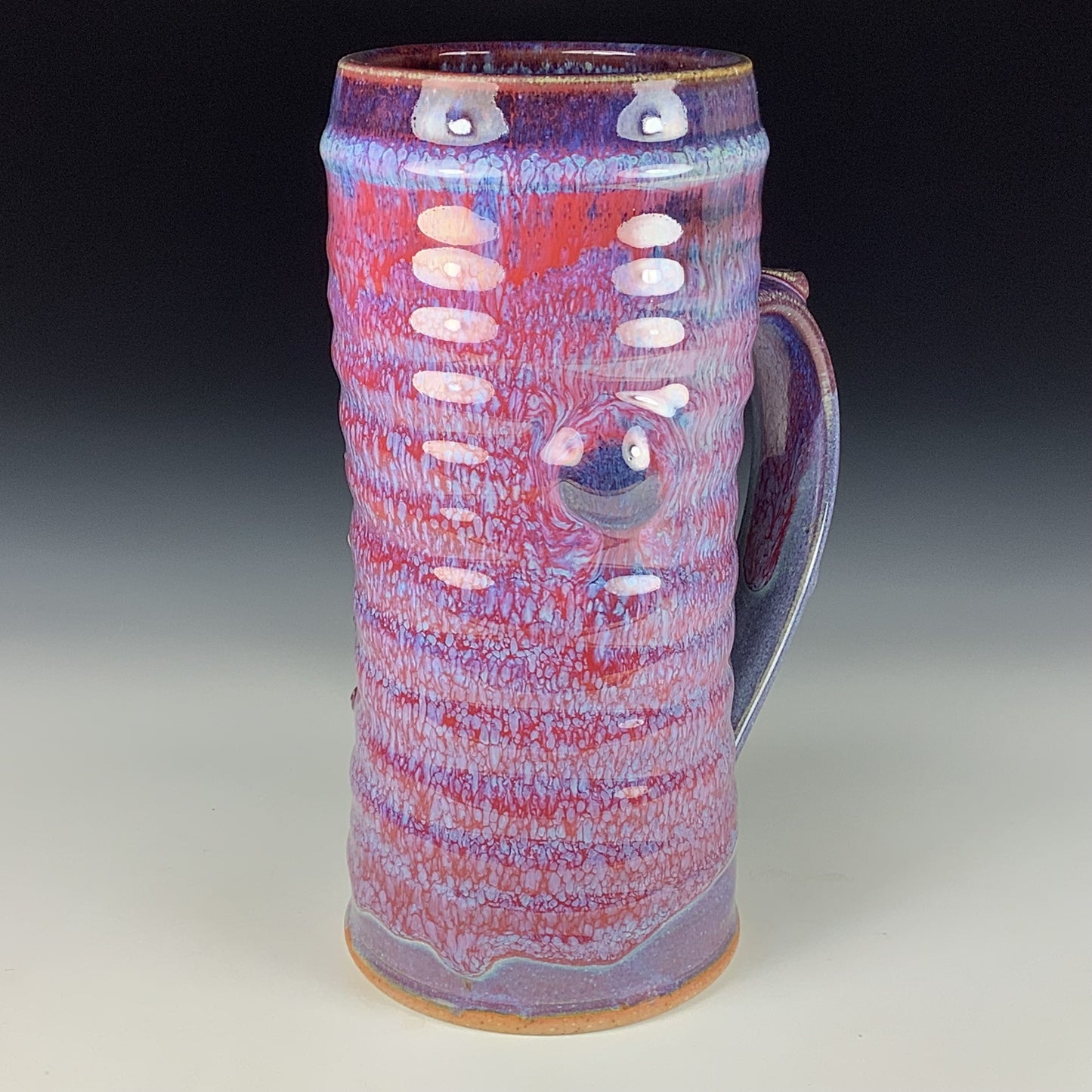 Large handmade pottery mugs rustic ceramic mugs extra large stoneware mugs oversized coffee mugs tea cup - Purple red wiggle slip-dotted bump - item 3712