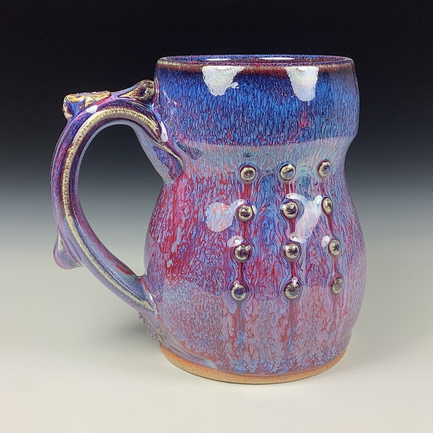 Handmade ceramic mugs stoneware coffee mugs pottery tea mugs stoneware drinkware - purple slip trail dots with bump mug 3643