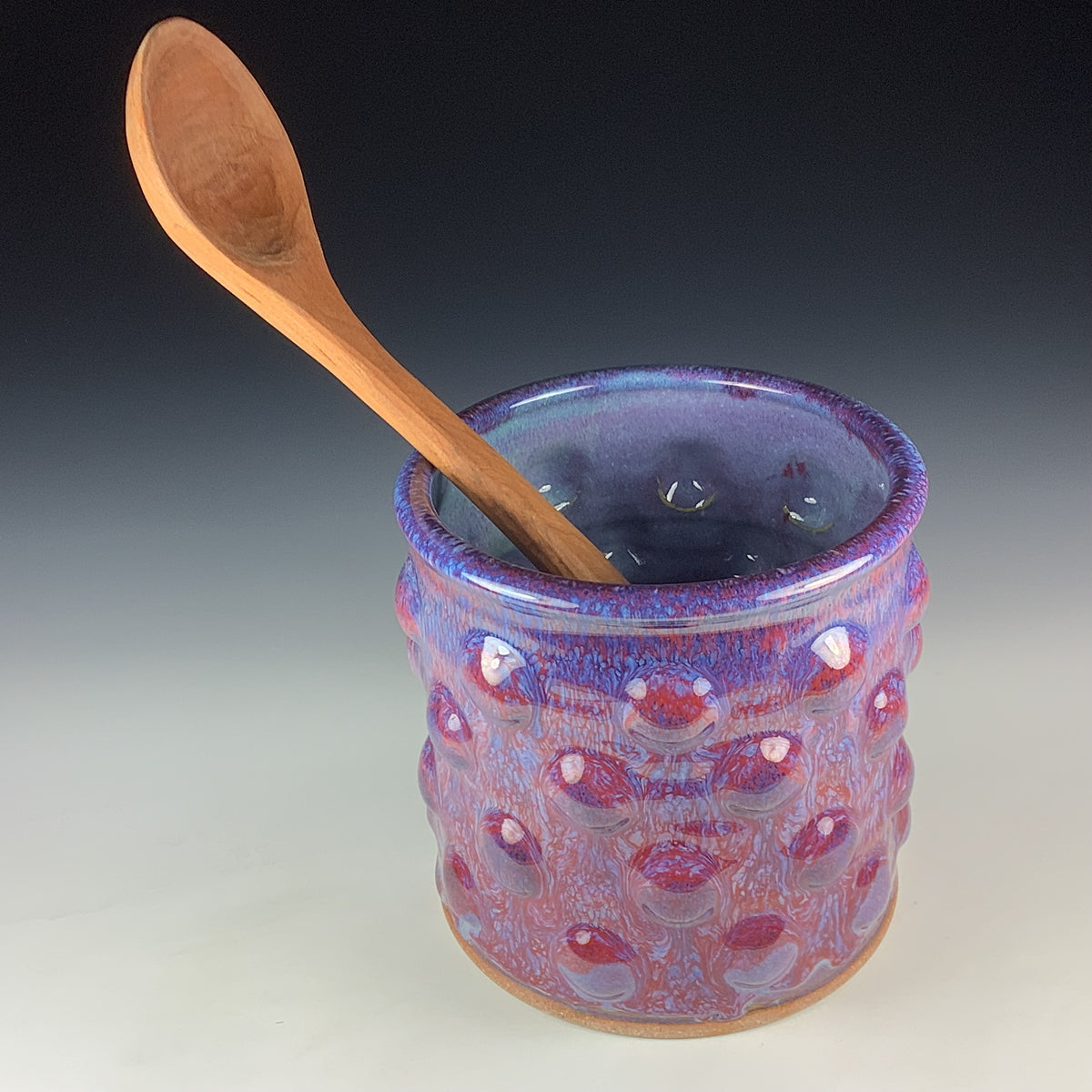 Handmade Stoneware Utensil Holder: Purple Red Glaze Bump Pottery Vase