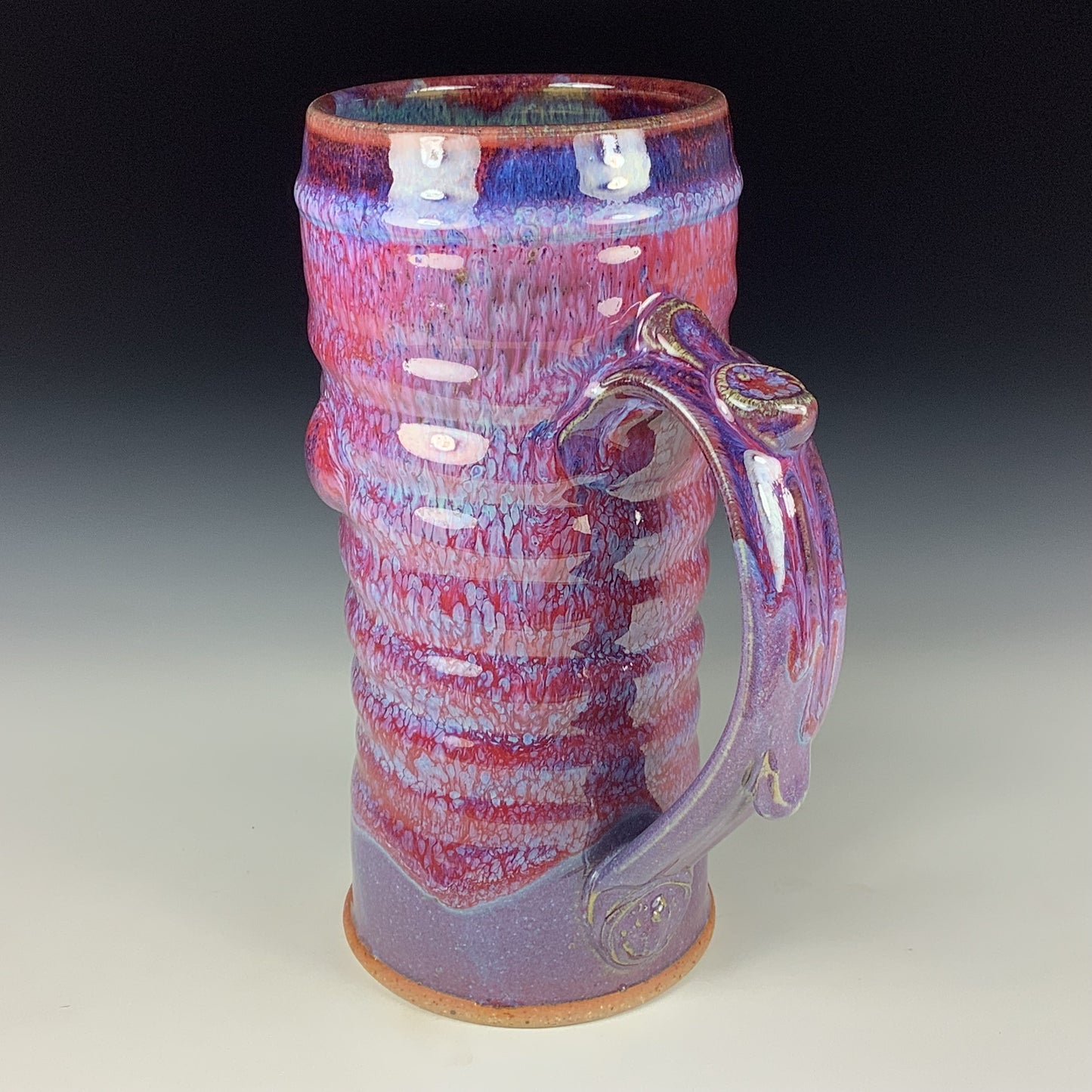 Large handmade pottery mugs rustic ceramic mugs extra large stoneware mugs oversized coffee mugs tea cup - Purple red wiggle slip-dotted bump - item 3723