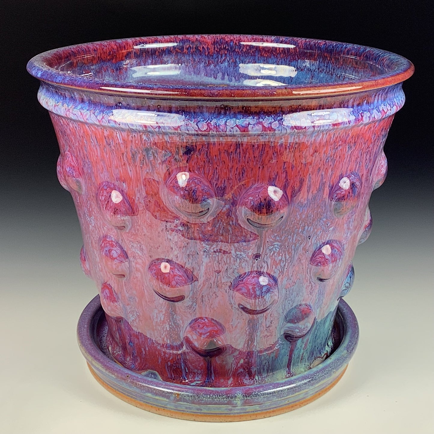 Handmade ceramic stoneware pottery planter - purple blue flashed bump item 3881