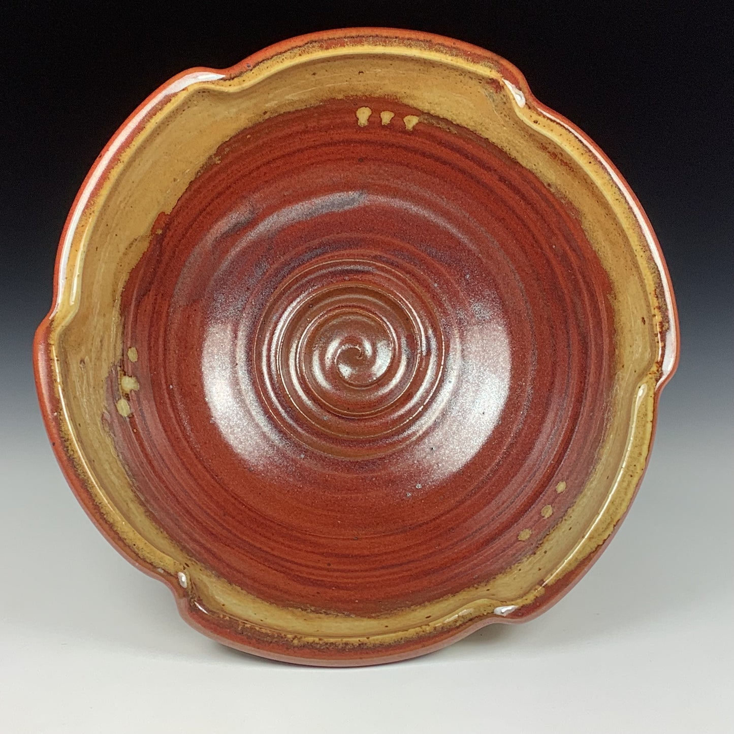 Handmade ceramic artisanal pottery bowls dinnerware stoneware serving bowls centerpiece - iron red with white ash scalloped rim serving bowl 3678