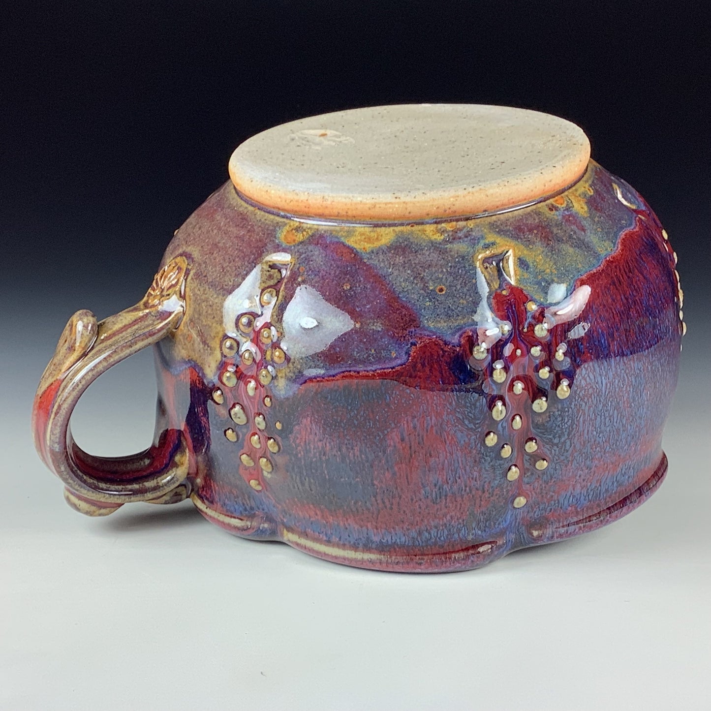 Handmade Ceramic Pottery Bowl with Handle, Slip Dotted Red Purple Glaze