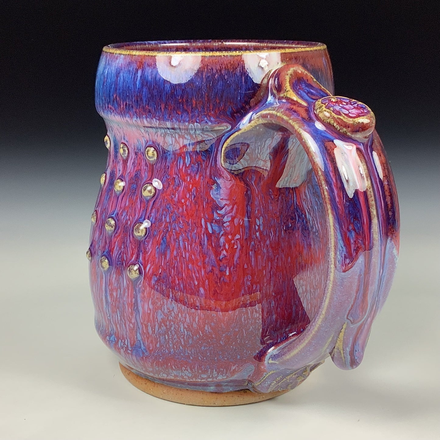 Handmade ceramic mugs stoneware coffee mug pottery tea mugs stoneware drinkware - purple red slip trail dot bamboo item 3849