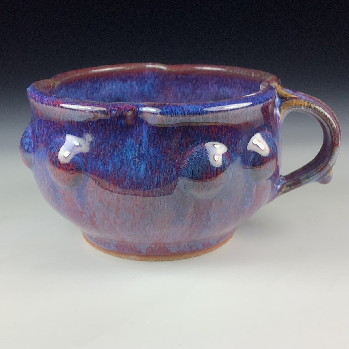 Handmade Ceramic Pottery Bowl with Handle, Red Purple Bump Glaze