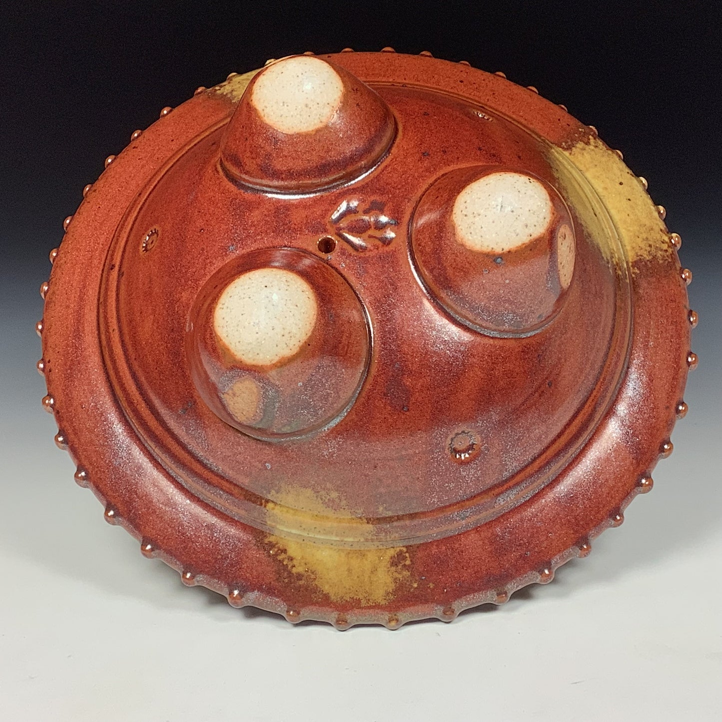 Handmade stoneware art abstract ceramic sculptures pottery decoration UFO - Red wheel thrown enclosed form altered sculpture - item 3823