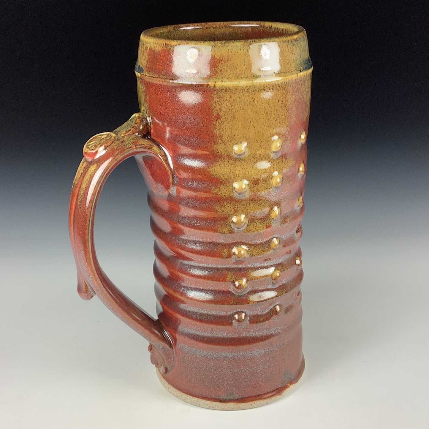 Large handmade pottery mugs rustic ceramic mugs extra large stoneware mugs oversized coffee mugs tea cup - Iron red with white ash wiggle slip-dotted bump - item 3722