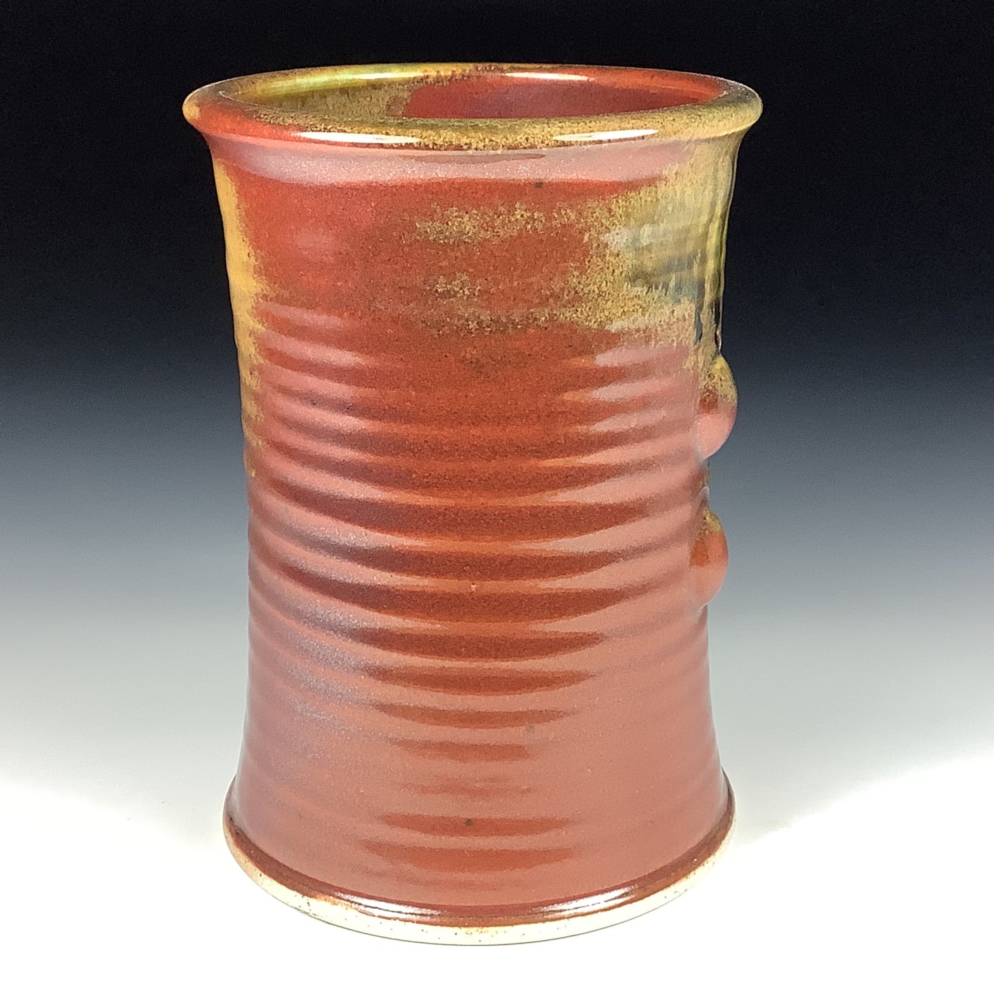 Handmade Stoneware Utensil Holder: Iron Red with White Ash Glaze Wiggle Bump Pottery Vase - item 3813
