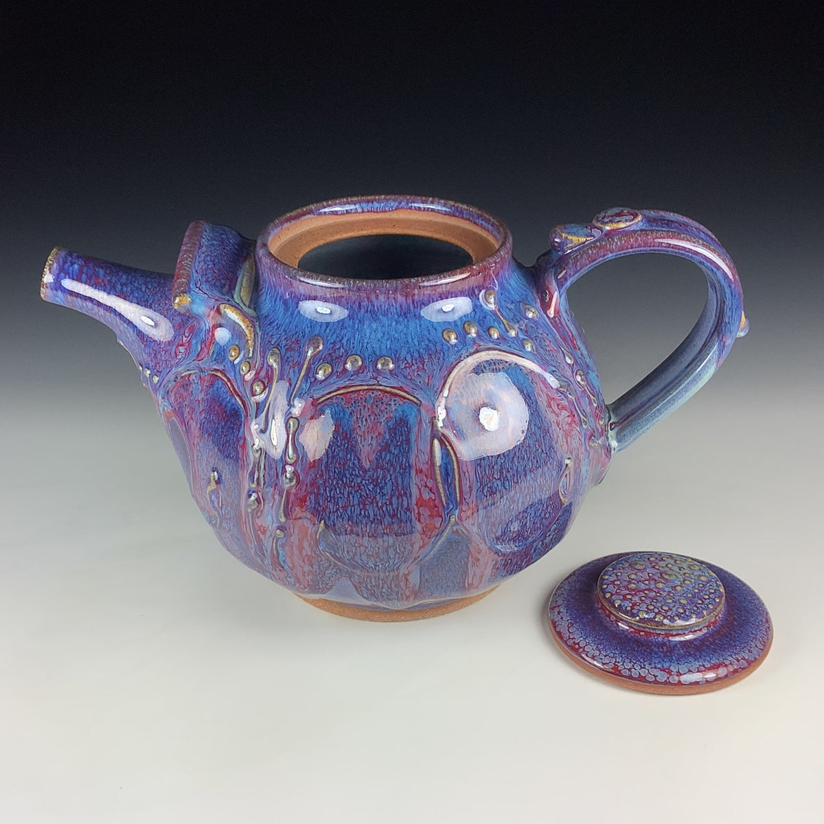 Handmade Ceramic Teapot: Purple Red Glaze, Slip Trailed Bamboo Stoneware
