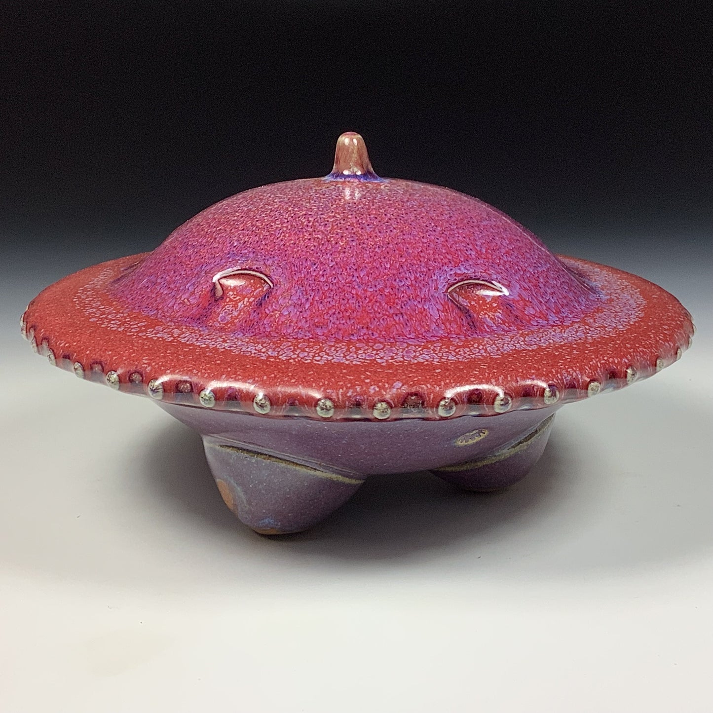 Handmade stoneware art abstract ceramic sculptures pottery decoration UFO - Red wheel thrown enclosed form altered sculpture - item 3820