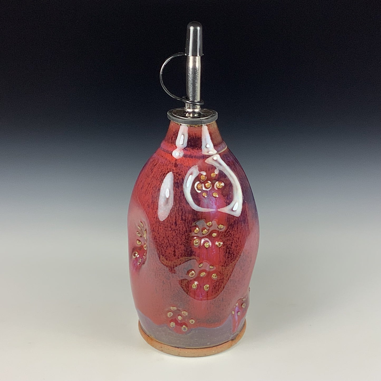 Ceramic olive oil dispenser oil bottle oil cruet handmade stoneware pottery dinnerware kitchenware - Purple red slip dotted indented - item 3751